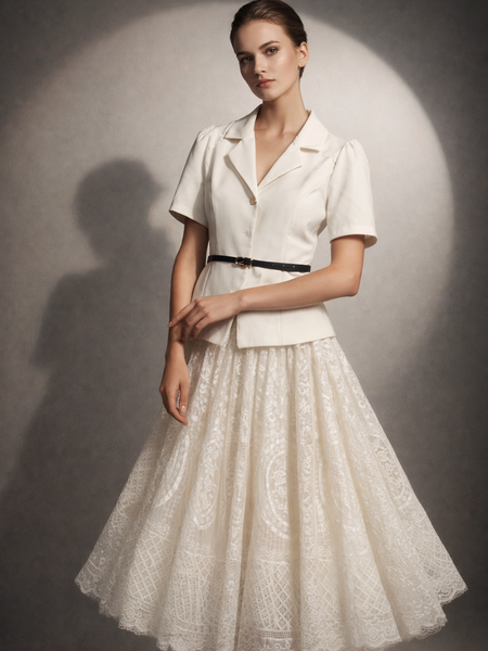 Structured Short-Sleeve Jacket with Lace Midi Skirt