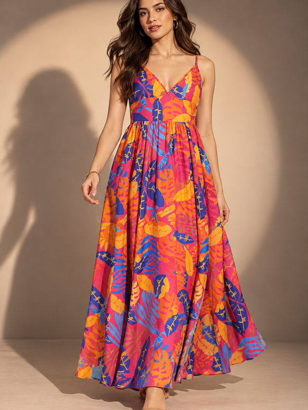 Tropical Print Strappy Maxi Dress