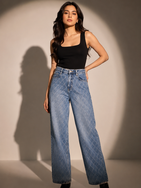 Diamond Embellished Wide-Leg Jeans