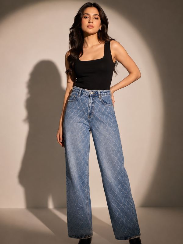 Diamond Embellished Wide-Leg Jeans