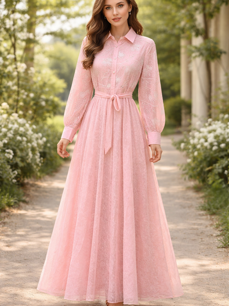 Embroidered Belted Maxi Shirt Dress