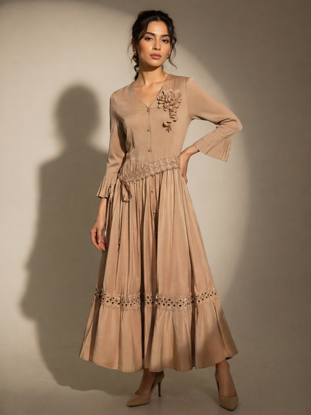 Fluid Midi Dress with Textured Waist Detai