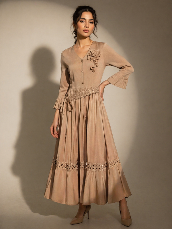 Fluid Midi Dress with Textured Waist Detai