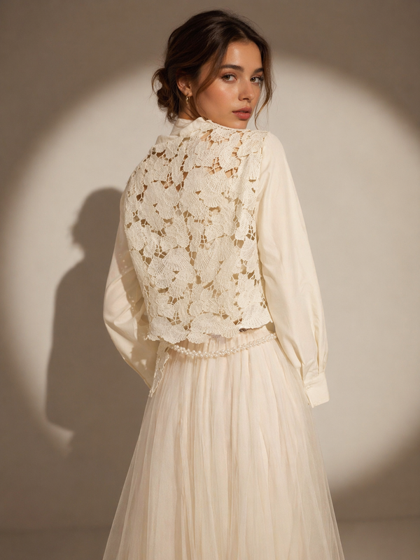 Lace Overlay Pleated Midi Dress with Belt