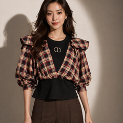 Structured Check Panel Top with Voluminous Sleeves