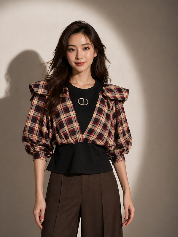 Structured Check Panel Top with Voluminous Sleeves