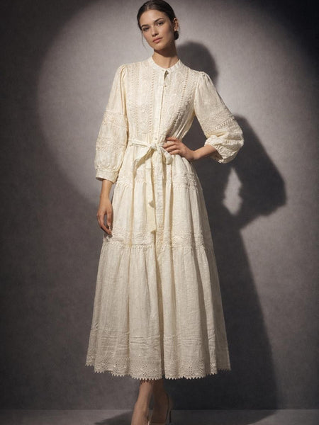Tiered Embroidered Button-Front Maxi Dress