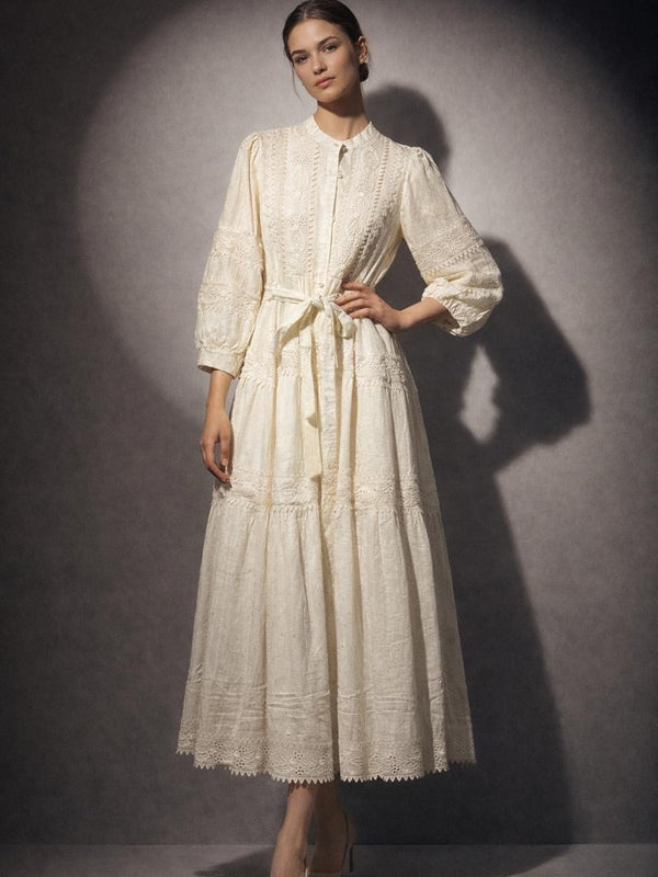 Tiered Embroidered Button-Front Maxi Dress