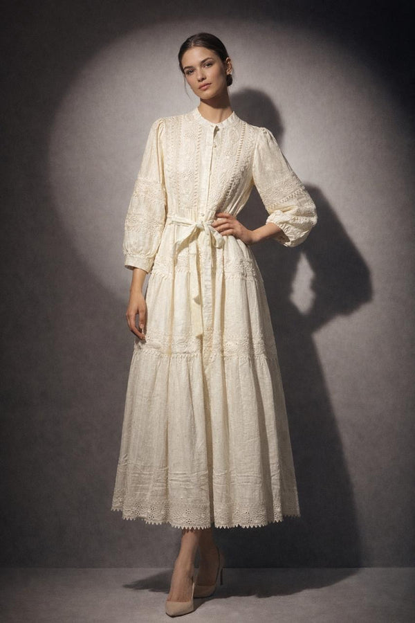 Tiered Embroidered Button-Front Maxi Dress