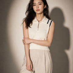 Sleeveless Knit Polo Top with Zip Detail