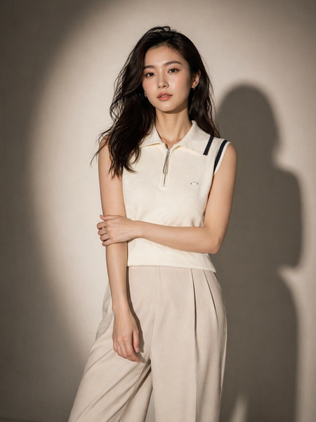 Sleeveless Knit Polo Top with Zip Detail