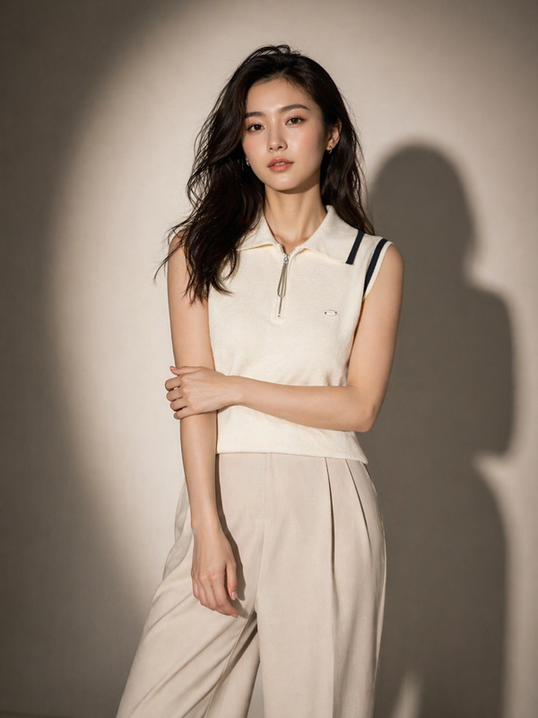 Sleeveless Knit Polo Top with Zip Detail