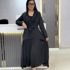 Fringed Wrap-Front Pleated Dress