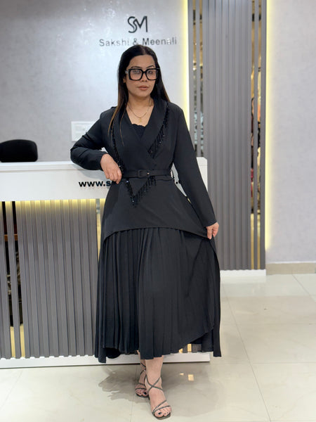 Fringed Wrap-Front Pleated Dress