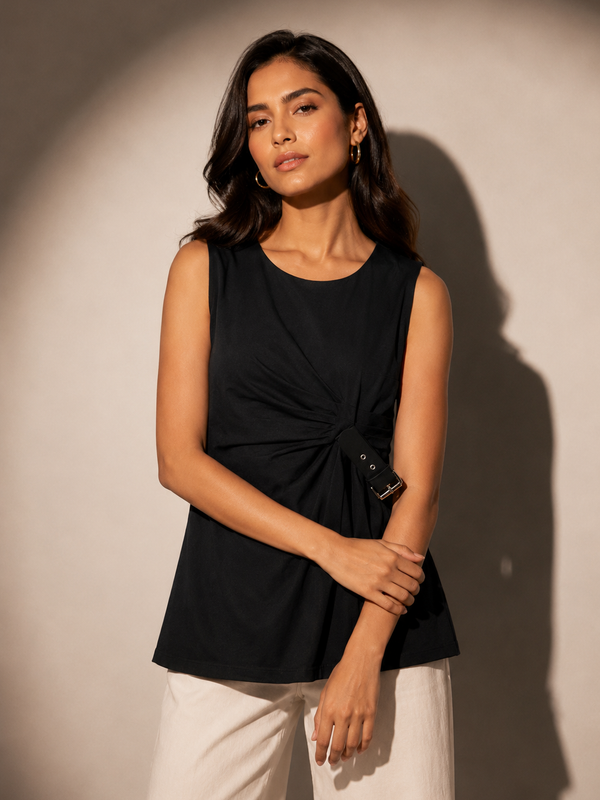 Asymmetric Buckle Detail Draped Top