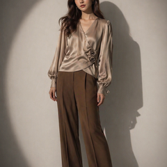 Wrap-Front Satin Blouse with Floral Appliqué