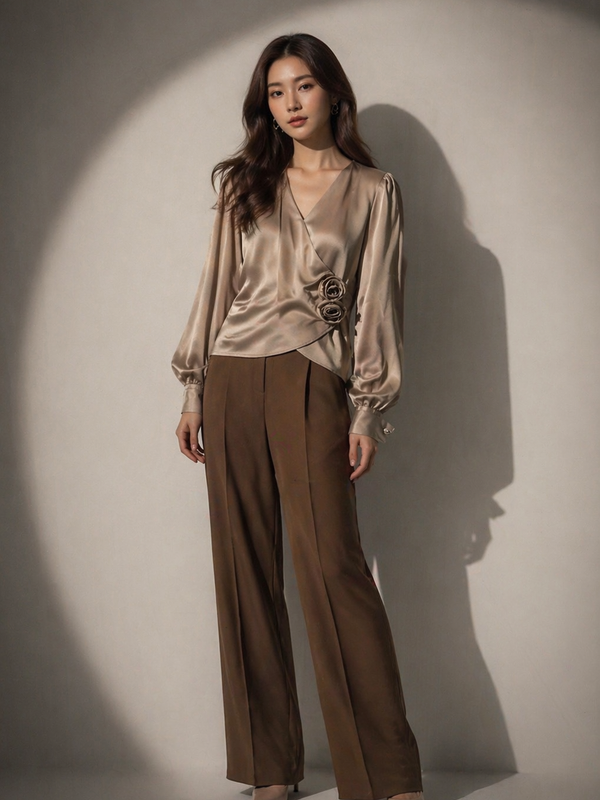 Wrap-Front Satin Blouse with Floral Appliqué