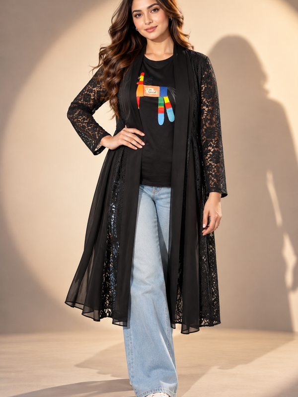 Lace Longline Shrug with Sheer Panels