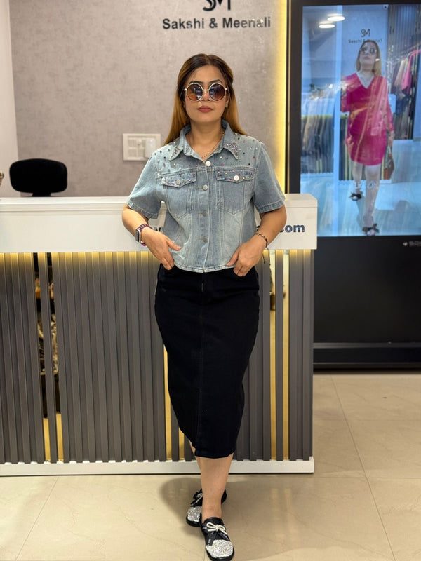 Structured Denim Midi Skirt