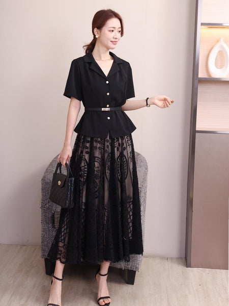 Structured Short-Sleeve Jacket with Lace Midi Skirt