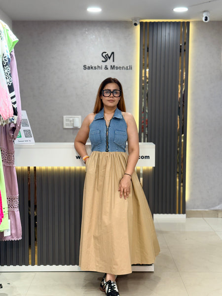 Denim Bodice Gathered Maxi Dress