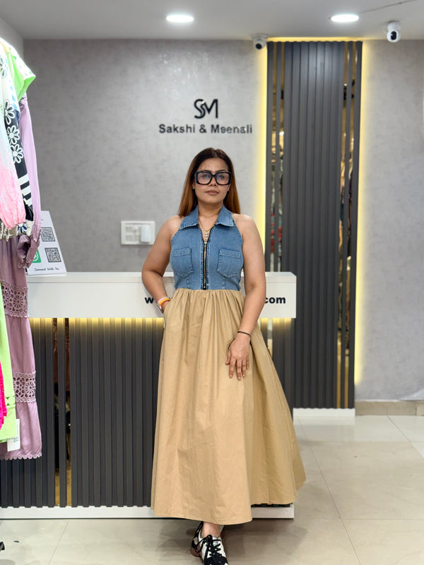 Denim Bodice Gathered Maxi Dress