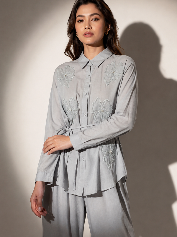 FLORAL APPLIQUÉ SHIRT AND TROUSERS CO-ORD SET