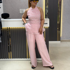 Textured Halter Peplum Top and Wide-Leg Trousers Set