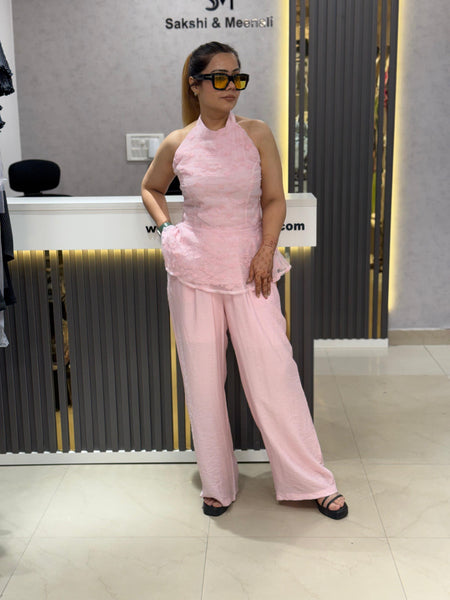 Textured Halter Peplum Top and Wide-Leg Trousers Set