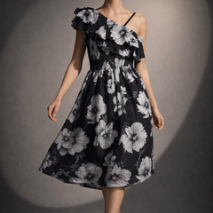 Asymmetric Ruffle Floral Midi Dress