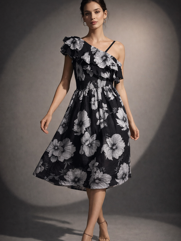 Asymmetric Ruffle Floral Midi Dress