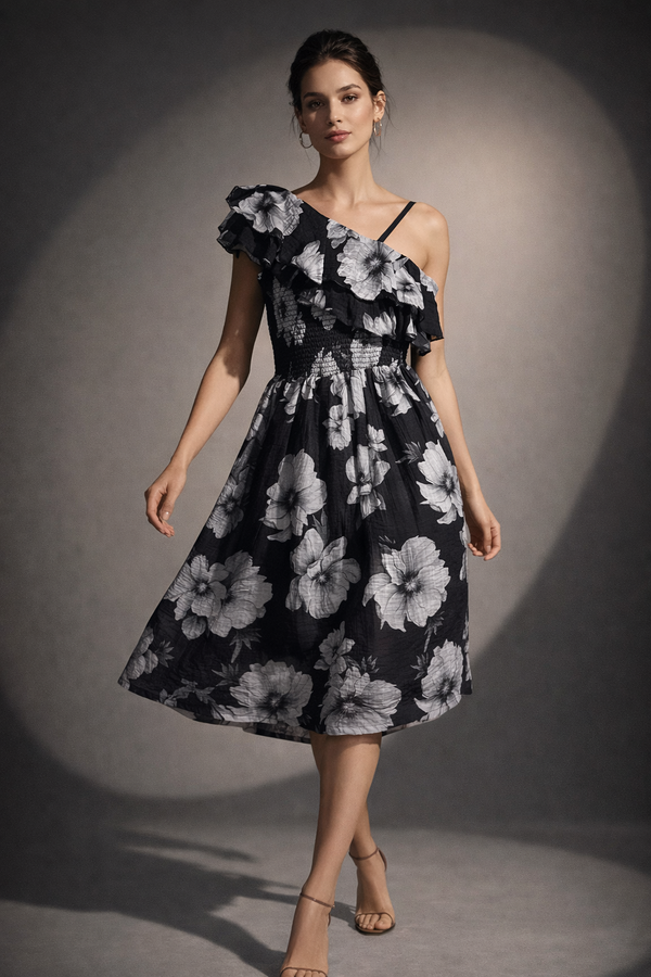 Asymmetric Ruffle Floral Midi Dress
