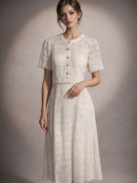 Textured Lace Midi Dress with Matching Cropped Jacket