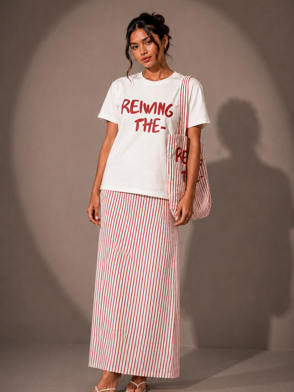 Slogan T-Shirt and Striped  Skirt top