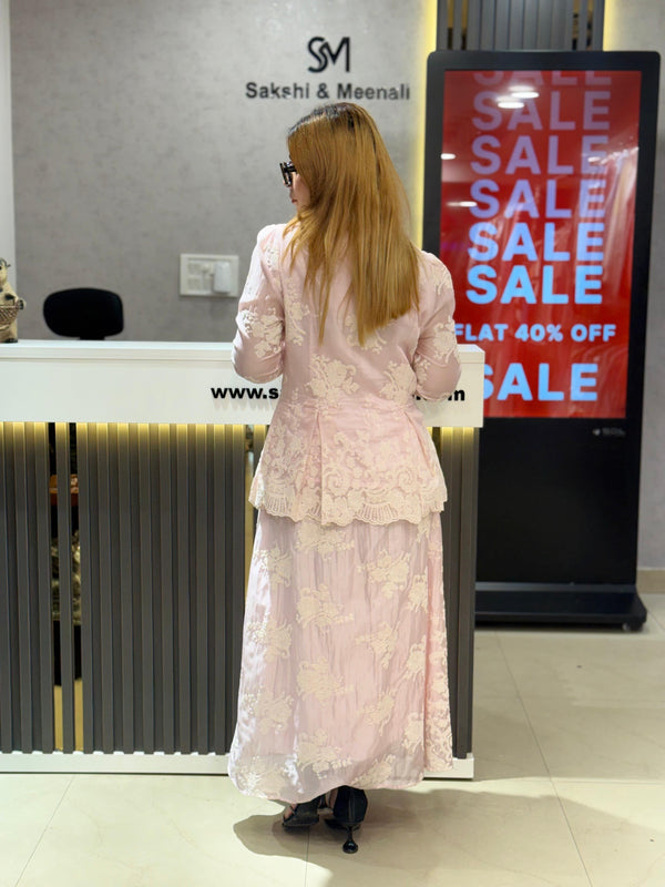 Embroidered Sheer Peplum Top and Flowing Skirt Set