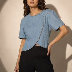 Pearl-Embellished Denim Top