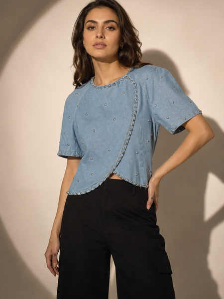 Pearl-Embellished Denim Top