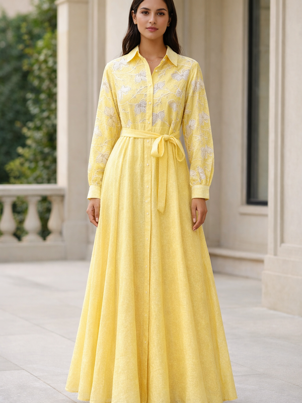Embroidered Belted Maxi Shirt Dress