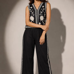 Embroidered Sleeveless Waistcoat & Wide-Leg Trouser Set