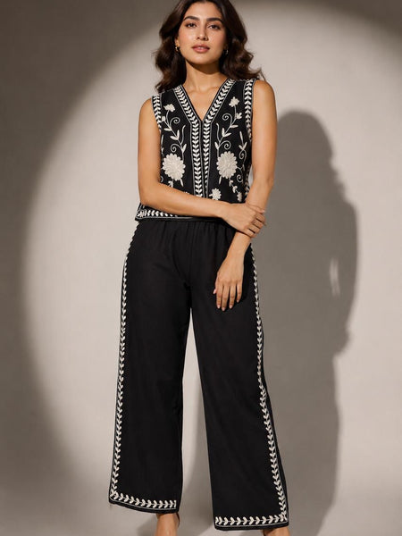 Embroidered Sleeveless Waistcoat & Wide-Leg Trouser Set