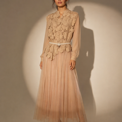 Lace Overlay Pleated Midi Dress with Belt
