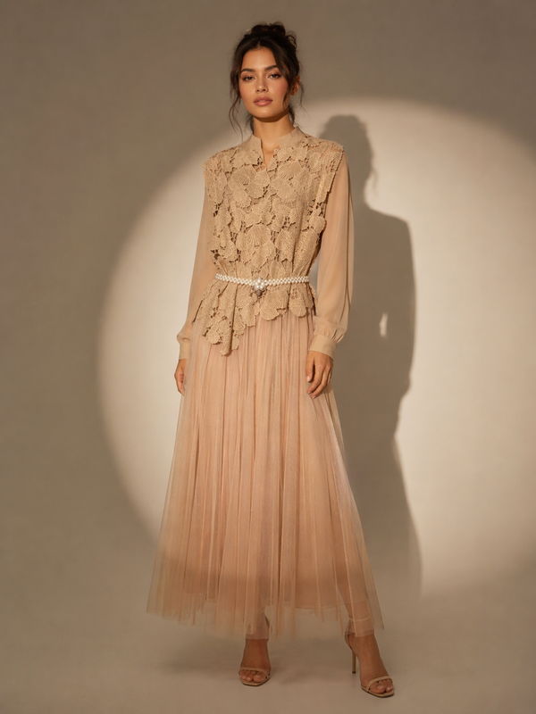 Lace Overlay Pleated Midi Dress with Belt