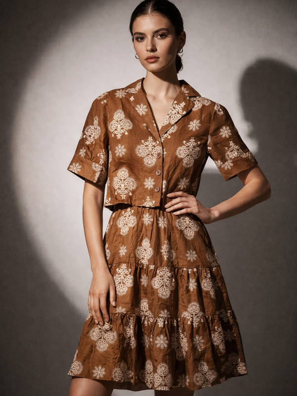 Printed Tiered Mini Dress with Buttoned Top