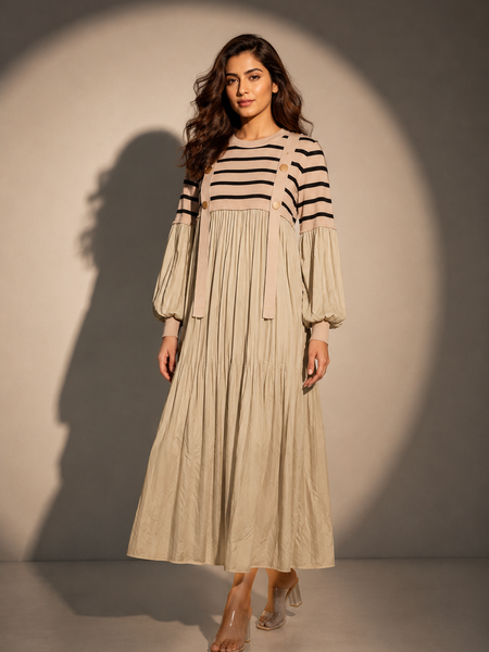 Striped Pleated Panel Midi Dress