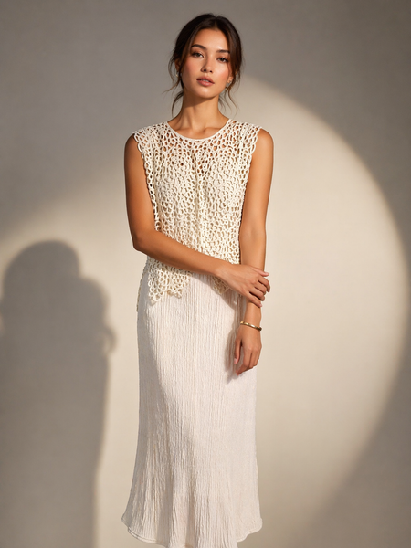 Textured Crochet Overlay Midi Dress