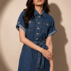Belted Denim Mini Shirt Dress