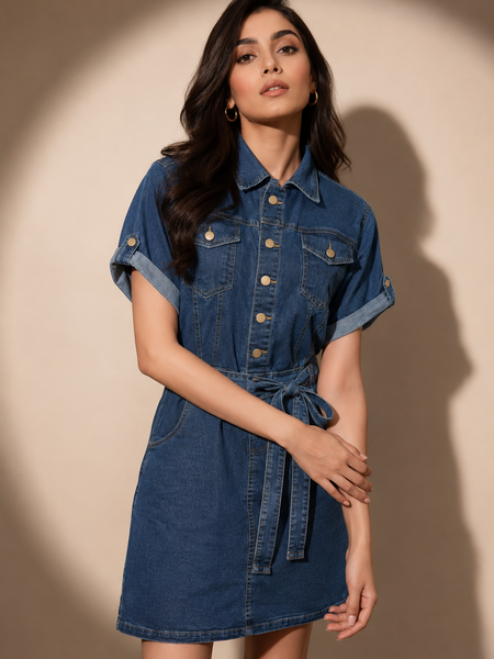 Belted Denim Mini Shirt Dress