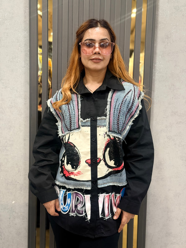 Graphic Patchwork Shirt with Textured Panel