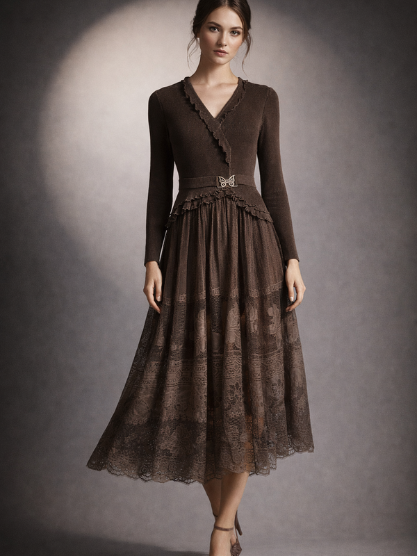 Lace-Detail Knit Midi Dress