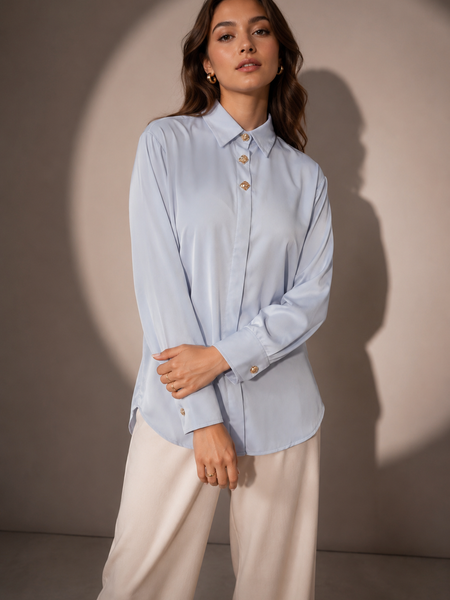 Satin Shirt with Statement Button Detail